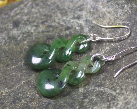 Twist Earrings carved from Kawakawa Pounamu - NZ Greenstone