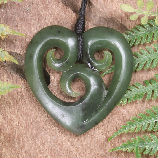 Heart with Koru carved from Hapopo Pounamu - NZ Greenstone