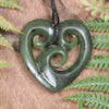 Heart with Koru carved from Hapopo Pounamu - NZ Greenstone