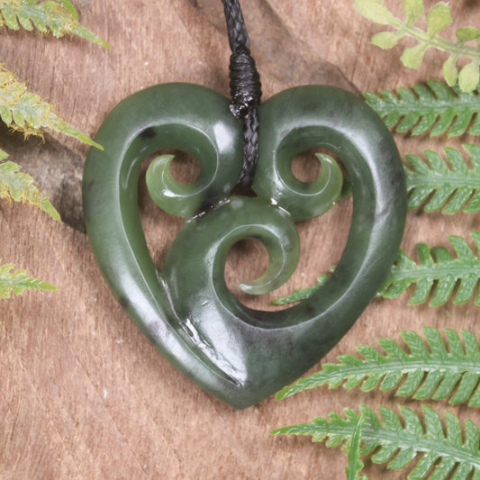 Heart with Koru carved from Hapopo Pounamu - NZ Greenstone