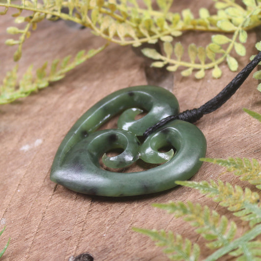 Heart with Koru carved from Hapopo Pounamu - NZ Greenstone