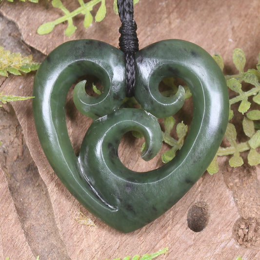 Heart with Koru carved from Hapopo Pounamu - NZ Greenstone