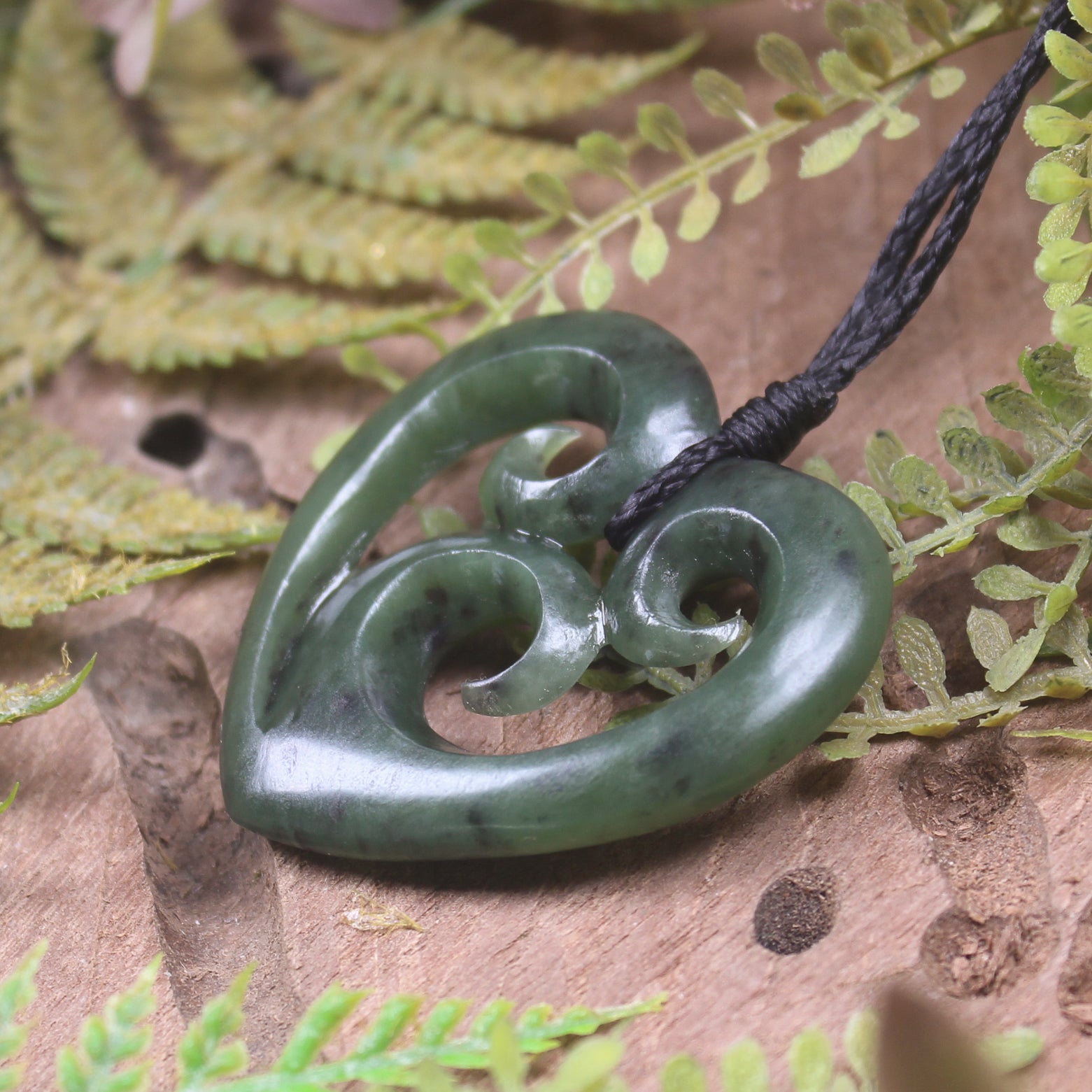 Heart with Koru carved from Hapopo Pounamu - NZ Greenstone