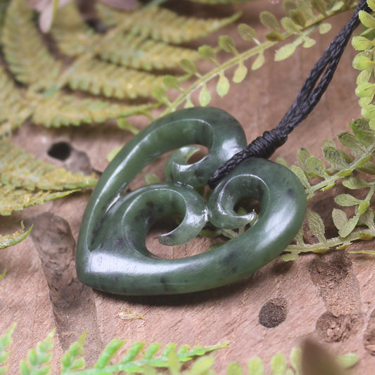 Heart with Koru carved from Hapopo Pounamu - NZ Greenstone