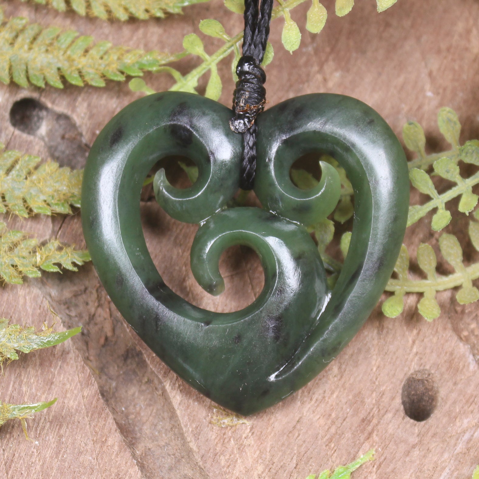 Heart with Koru carved from Hapopo Pounamu - NZ Greenstone