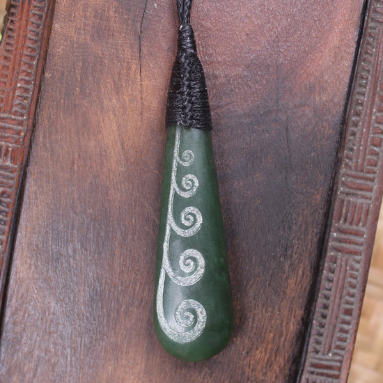 Roimata or Teardop with Koru carved from Kawakawa Pounamu - NZ Greenstone
