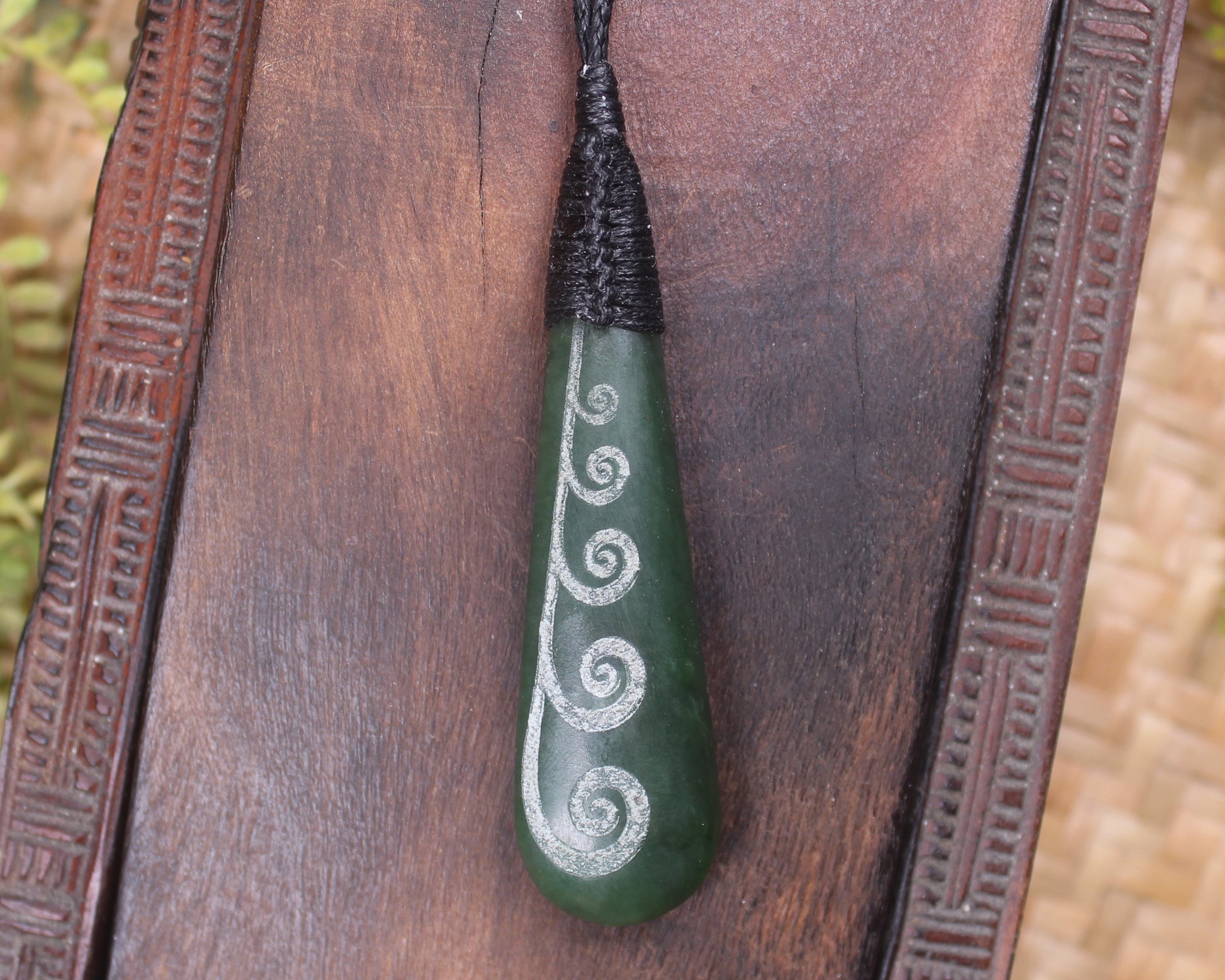 Roimata or Teardop with Koru carved from Kawakawa Pounamu - NZ Greenstone