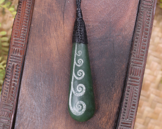 Roimata or Teardop with Koru carved from Kawakawa Pounamu - NZ Greenstone
