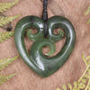 Heart with Koru carved from Hapopo Pounamu - NZ Greenstone