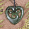 Heart with Koru carved from Hapopo Pounamu - NZ Greenstone