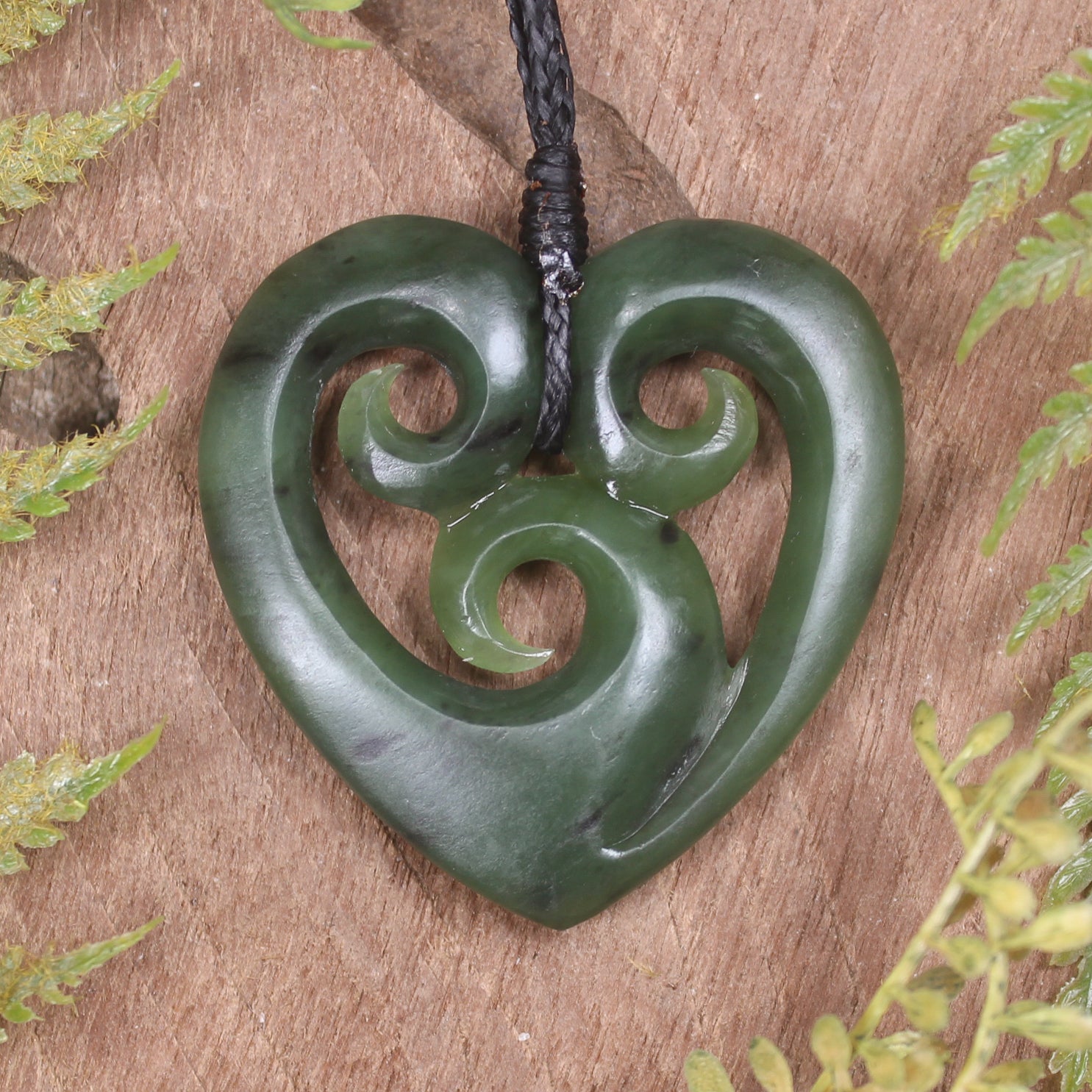 Heart with Koru carved from Hapopo Pounamu - NZ Greenstone
