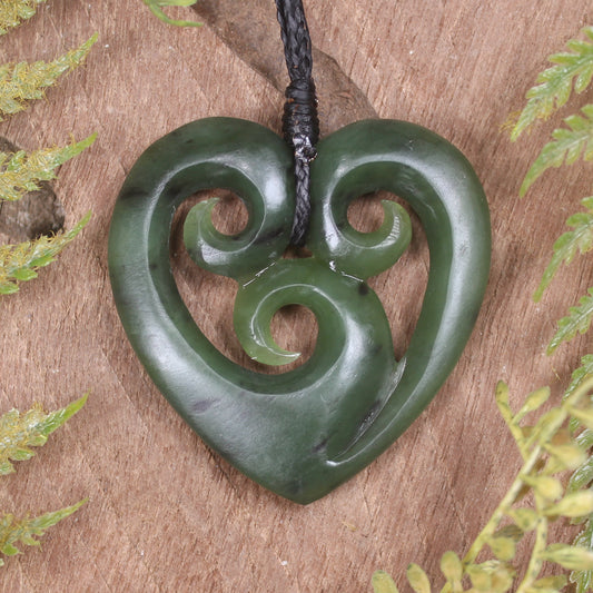 Heart with Koru carved from Hapopo Pounamu - NZ Greenstone