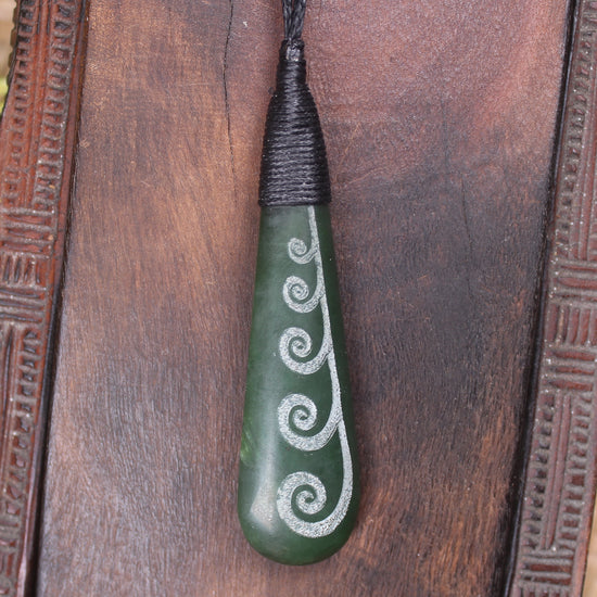 Roimata or Teardop with Koru carved from Kawakawa Pounamu - NZ Greenstone