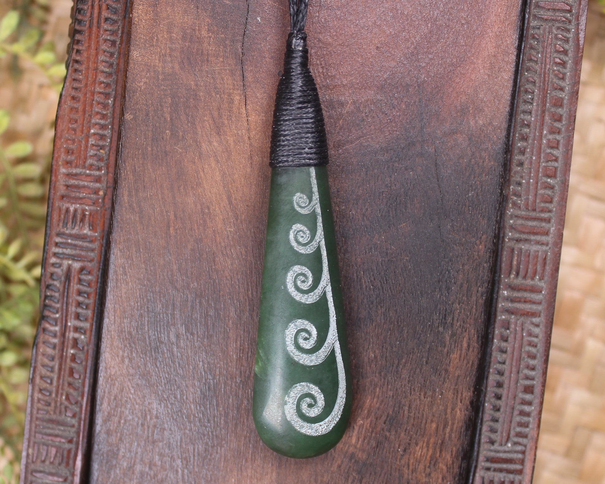 Roimata or Teardop with Koru carved from Kawakawa Pounamu - NZ Greenstone