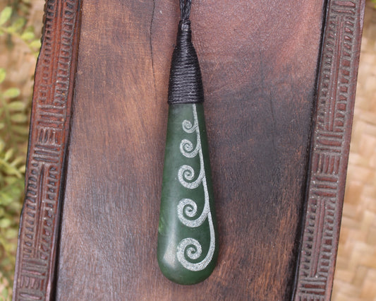 Roimata or Teardop with Koru carved from Kawakawa Pounamu - NZ Greenstone
