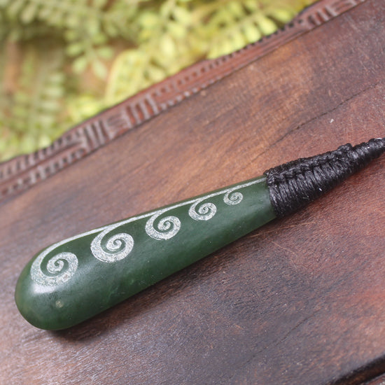 Roimata or Teardop with Koru carved from Kawakawa Pounamu - NZ Greenstone
