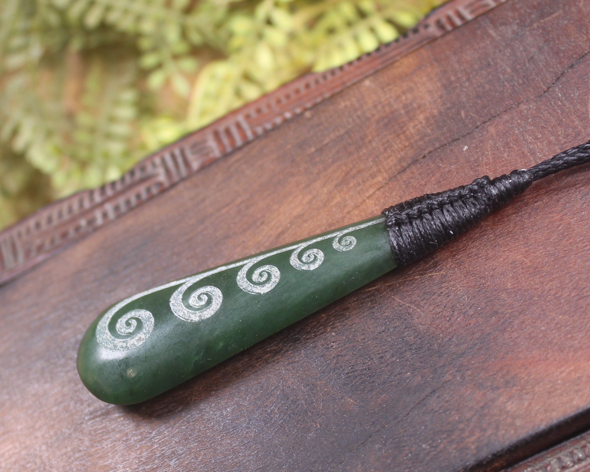 Roimata or Teardop with Koru carved from Kawakawa Pounamu - NZ Greenstone
