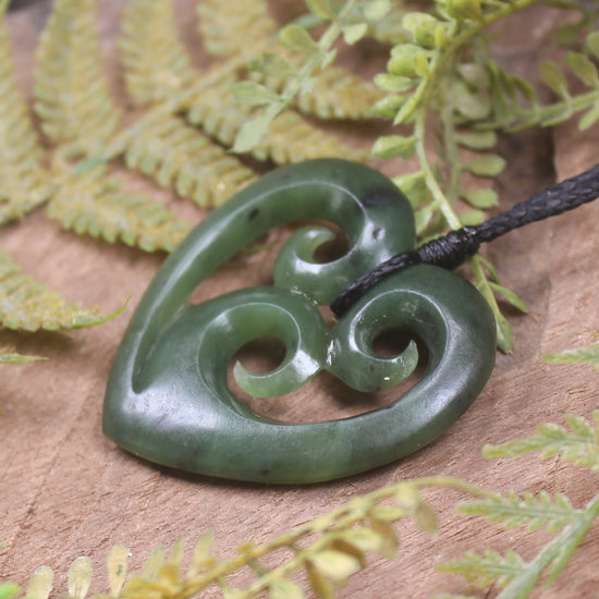Heart with Koru carved from Hapopo Pounamu - NZ Greenstone