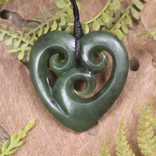 Heart with Koru carved from Hapopo Pounamu - NZ Greenstone