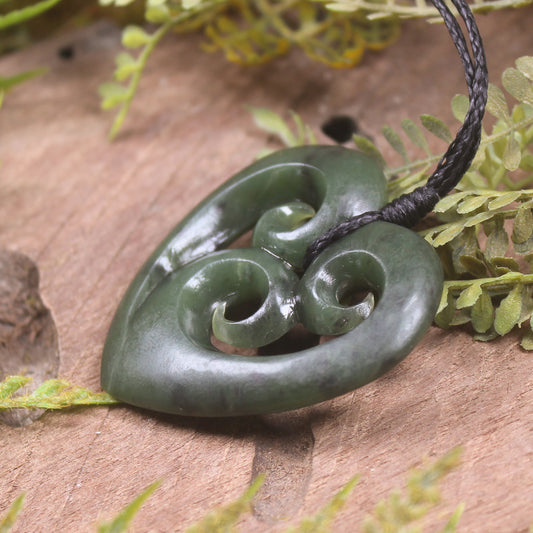 Heart with Koru carved from Hapopo Pounamu - NZ Greenstone