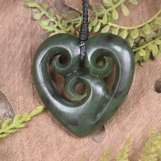 Heart with Koru carved from Hapopo Pounamu - NZ Greenstone