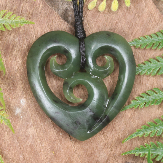 Heart with Koru carved from Hapopo Pounamu - NZ Greenstone