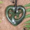 Heart with Koru carved from Hapopo Pounamu - NZ Greenstone