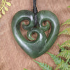 Heart with Koru carved from Hapopo Pounamu - NZ Greenstone