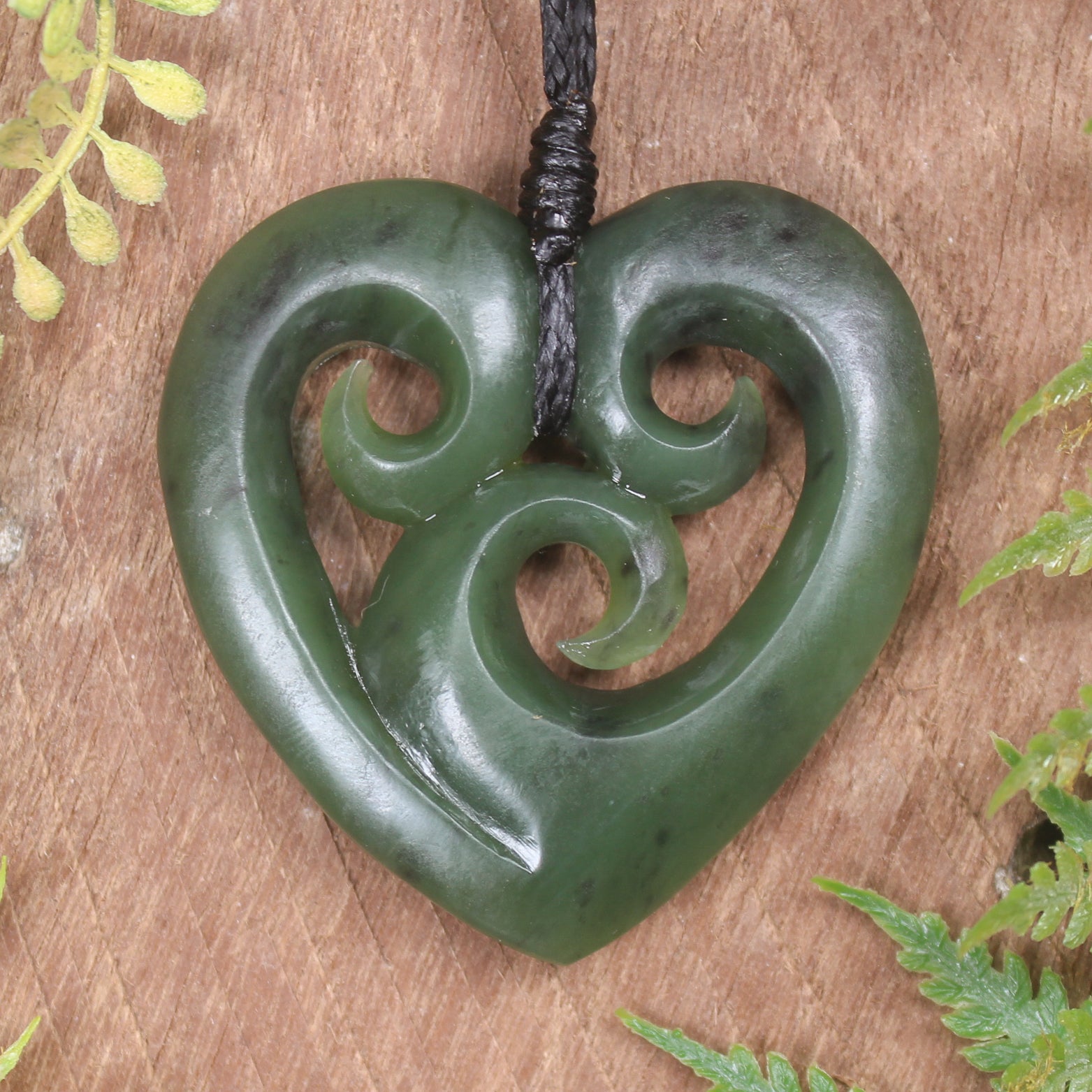 Heart with Koru carved from Hapopo Pounamu - NZ Greenstone