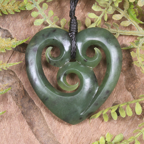 Heart with Koru carved from Hapopo Pounamu - NZ Greenstone