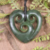 Heart with Koru carved from Hapopo Pounamu - NZ Greenstone