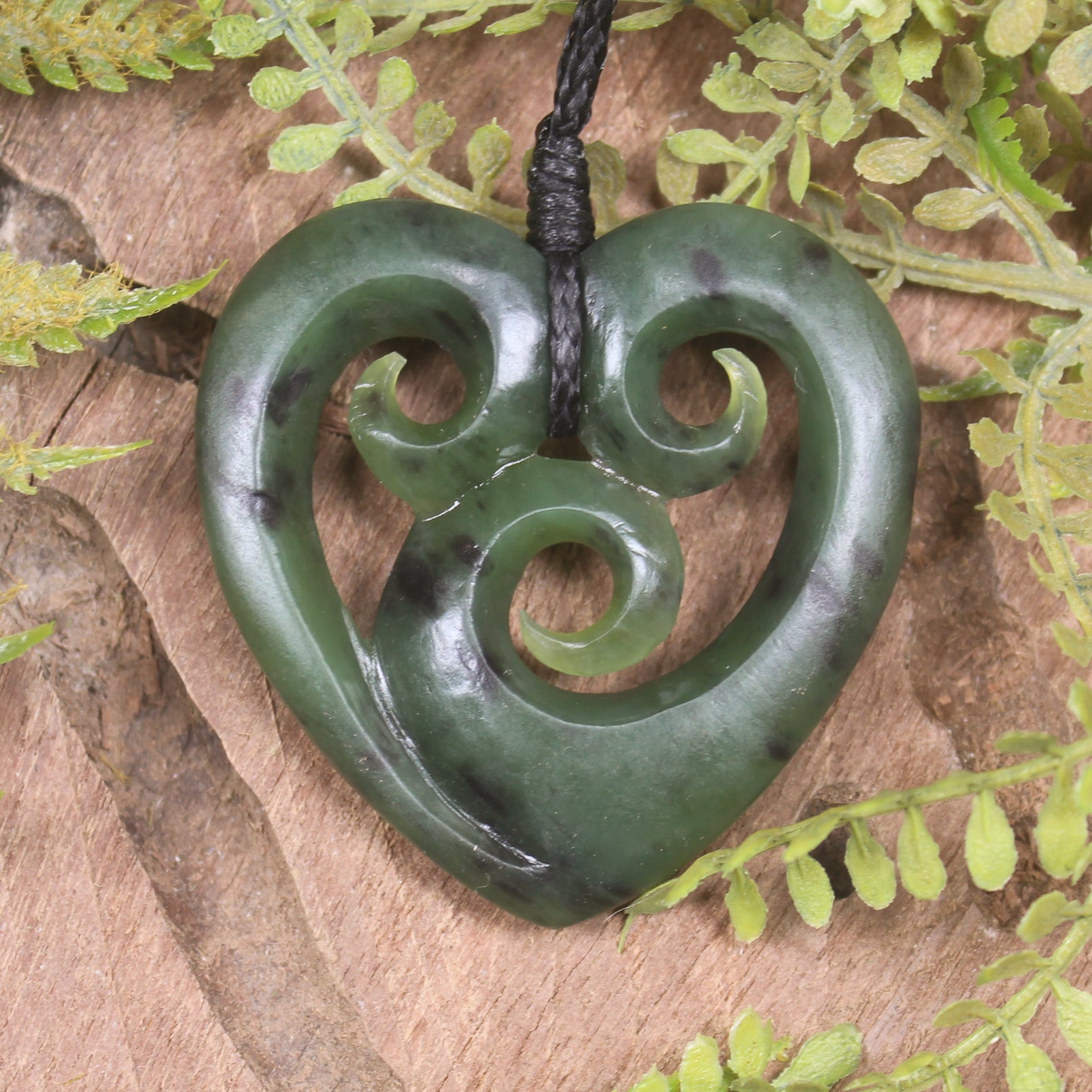Heart with Koru carved from Hapopo Pounamu - NZ Greenstone