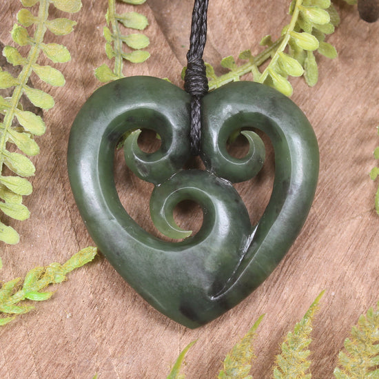 Heart with Koru carved from Hapopo Pounamu - NZ Greenstone