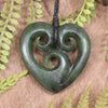 Heart with Koru carved from Hapopo Pounamu - NZ Greenstone