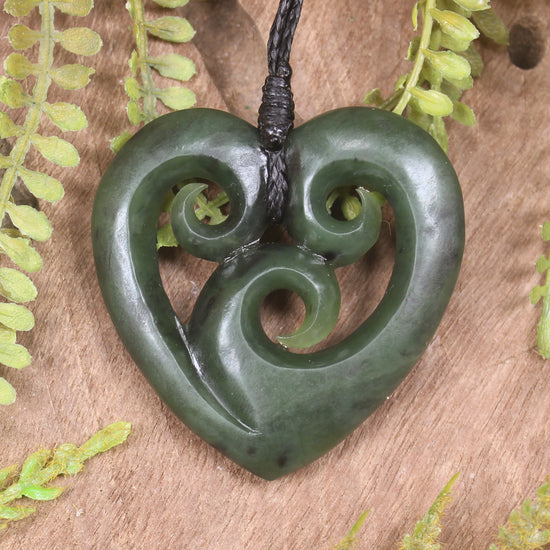 Heart with Koru carved from Hapopo Pounamu - NZ Greenstone