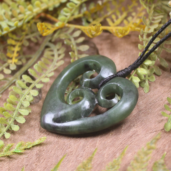 Heart with Koru carved from Hapopo Pounamu - NZ Greenstone