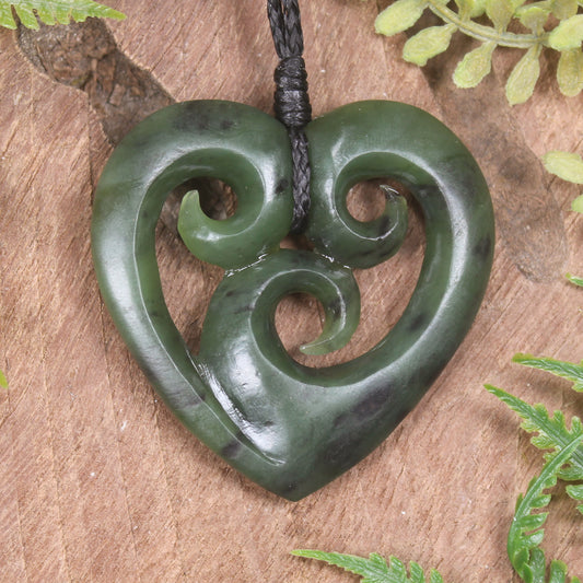 Heart with Koru carved from Hapopo Pounamu - NZ Greenstone