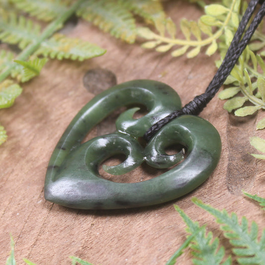 Heart with Koru carved from Hapopo Pounamu - NZ Greenstone