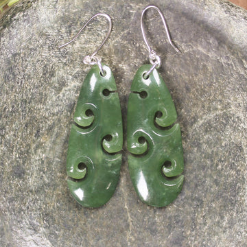 Roimata with Koru earrings carved from Hapopo Pounamu - NZ Greenstone