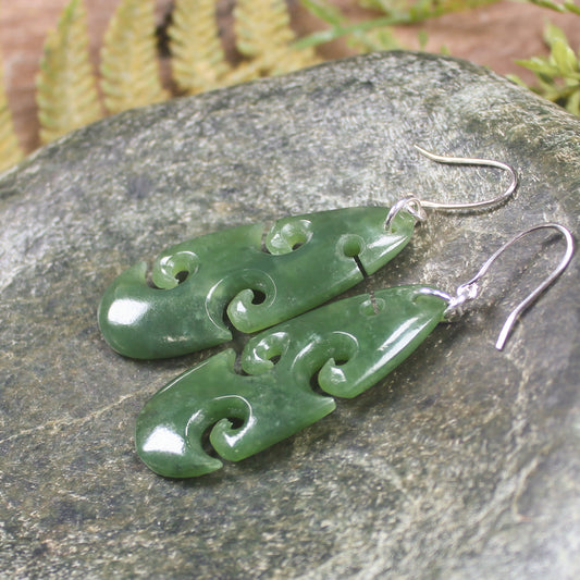 Roimata with Koru earrings carved from Hapopo Pounamu - NZ Greenstone