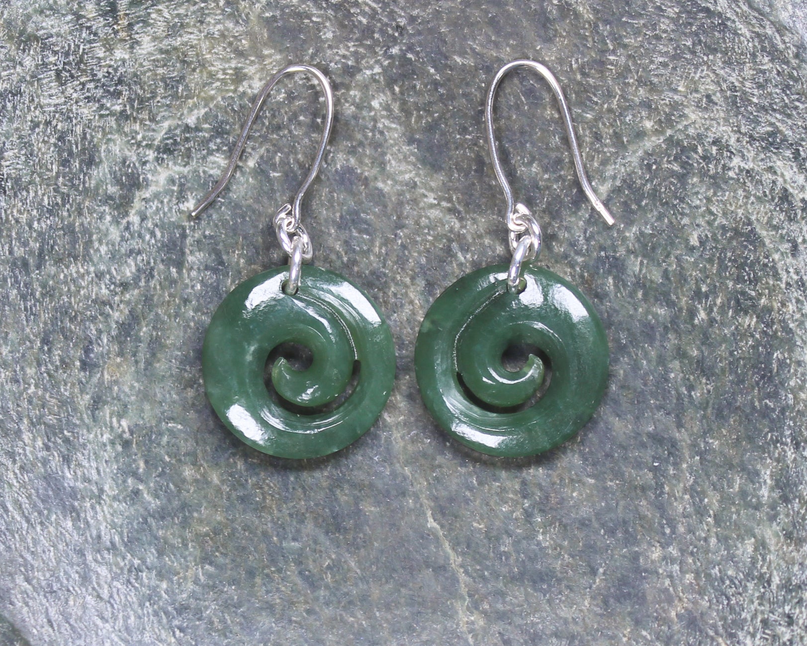 Koru Earrings carved from Hapopo Pounamu - NZ Greenstone