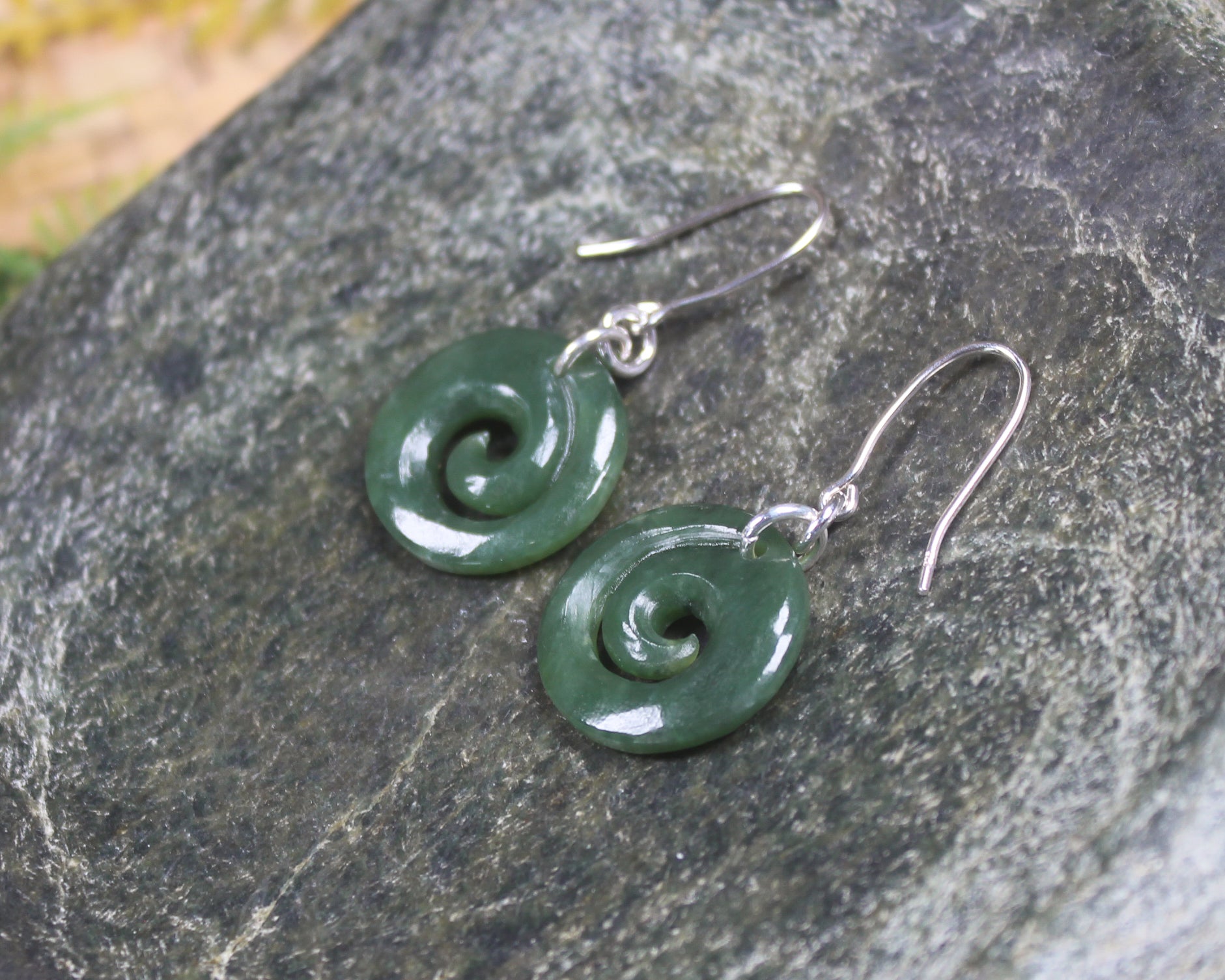 Koru Earrings carved from Hapopo Pounamu - NZ Greenstone