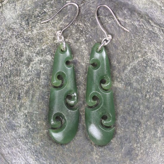 Roimata with Koru earrings carved from Hapopo Pounamu - NZ Greenstone