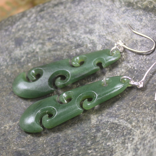 Roimata with Koru earrings carved from Hapopo Pounamu - NZ Greenstone