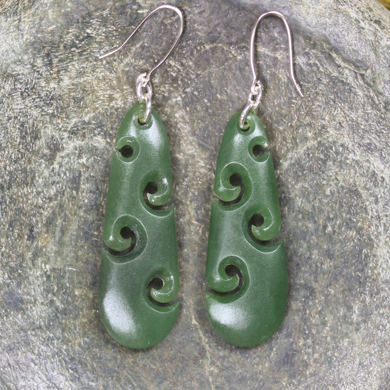 Roimata with Koru earrings carved from Hapopo Pounamu - NZ Greenstone
