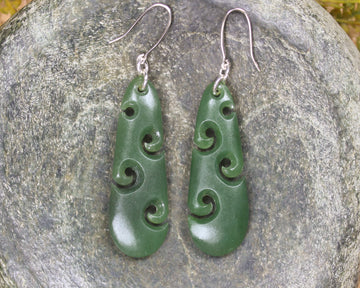 Roimata with Koru earrings carved from Hapopo Pounamu - NZ Greenstone