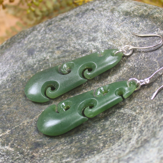 Roimata with Koru earrings carved from Hapopo Pounamu - NZ Greenstone