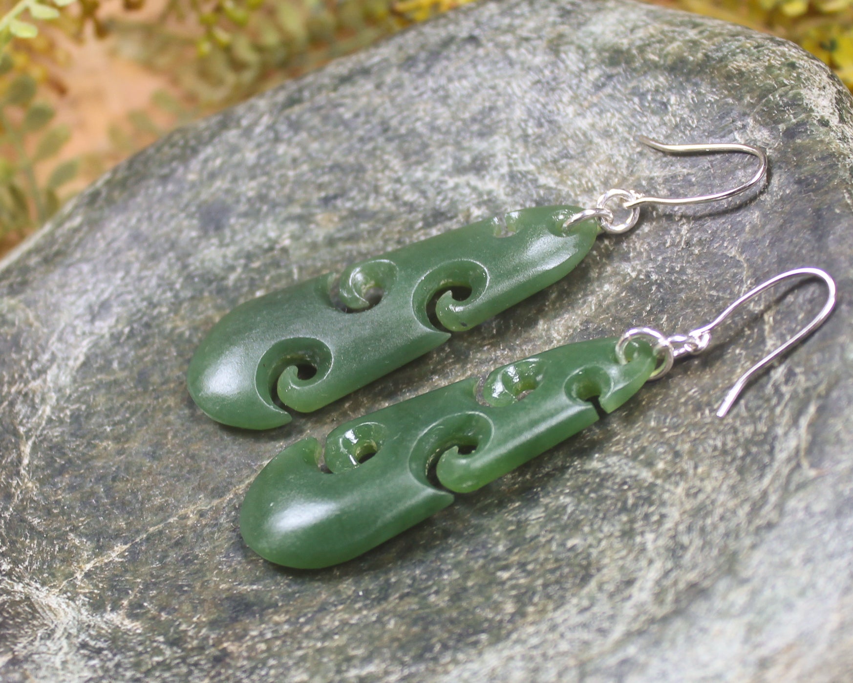 Roimata with Koru earrings carved from Hapopo Pounamu - NZ Greenstone