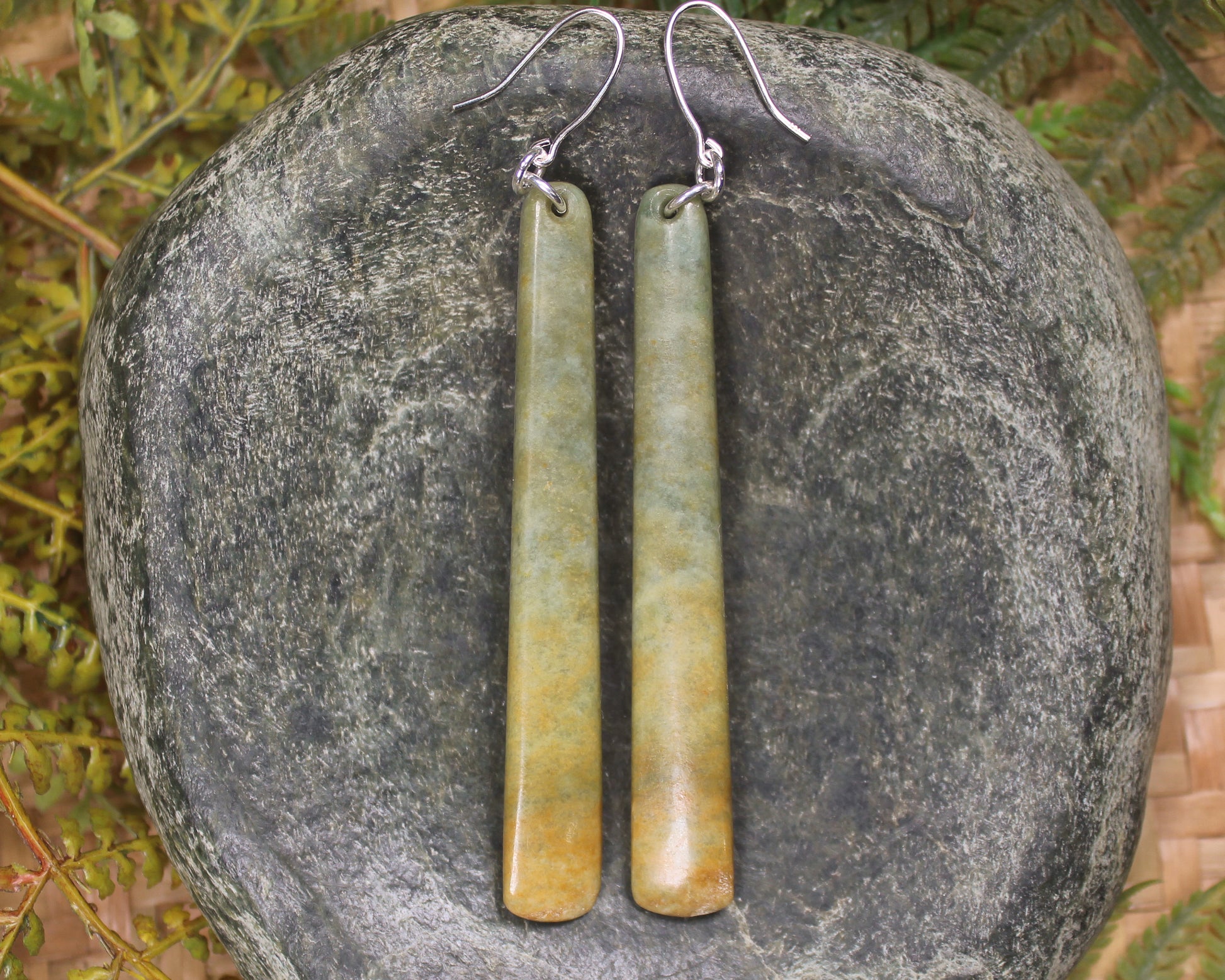 Roimata or Teardrop earrings carved from Flower Jade Pounamu - NZ Greenstone