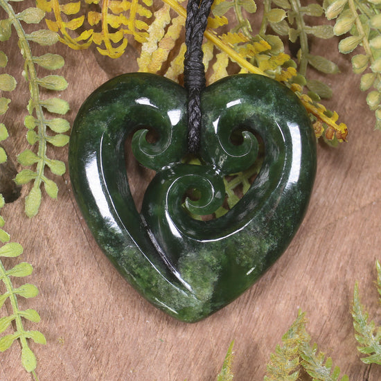 Heart with Koru carved from Kawakawa Pounamu - NZ Greenstone
